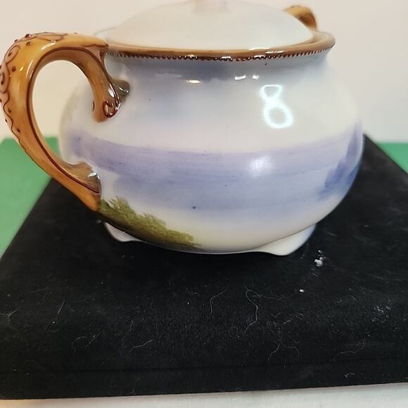 VTG Morimura Noritake Moriage Sugar Bowl Windmill Trees Water Blue White Lid - Picture 7 of 12